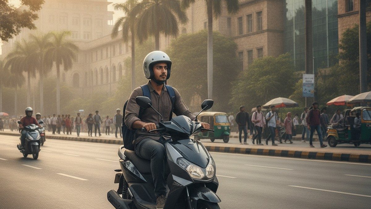 College student riding an electric scooter on an Indian city road near a university campus