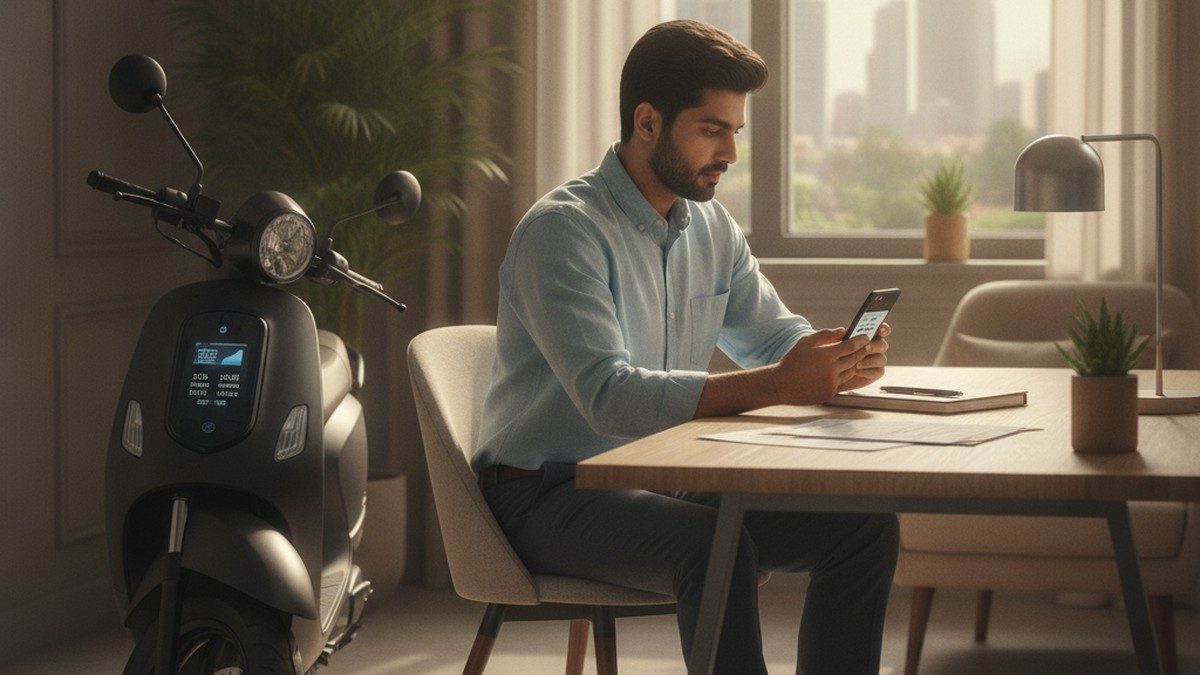 Young Indian man calculating electric scooter EMI on smartphone with scooter beside him