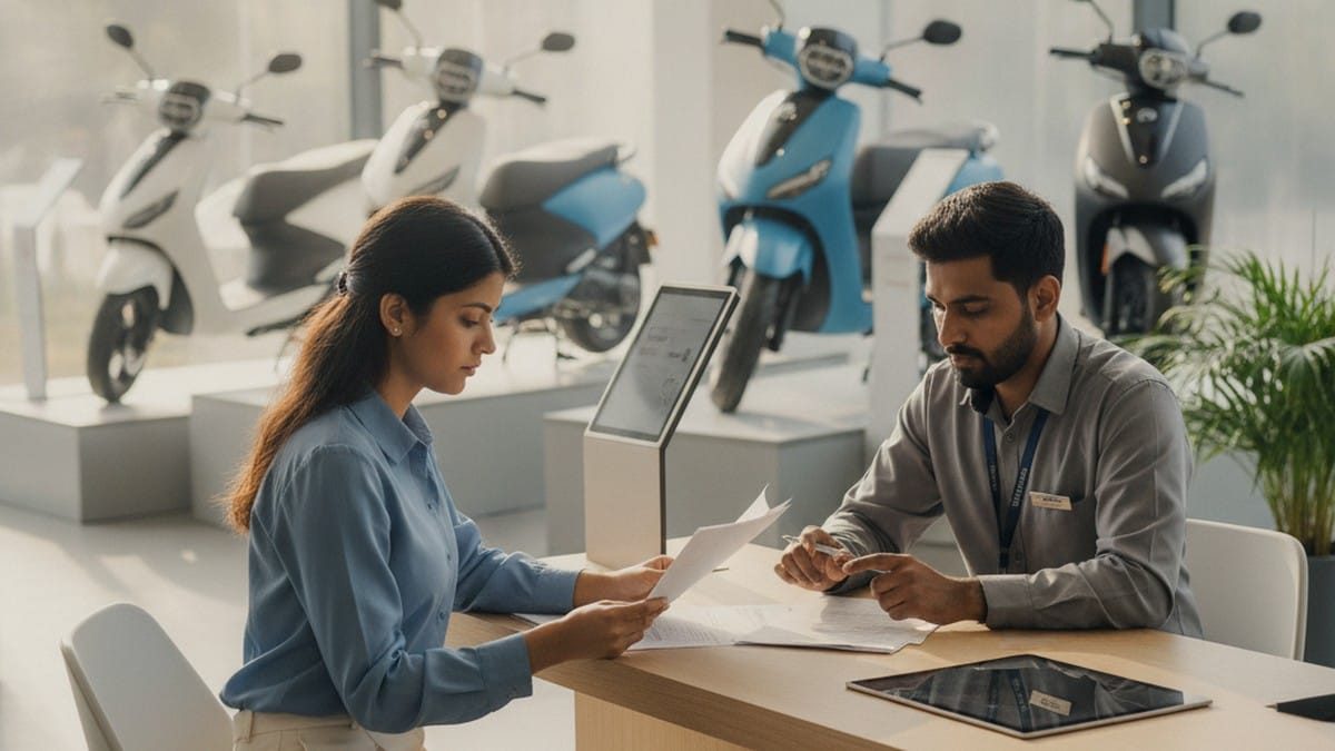 Young Indian woman discussing electric scooter EMI financing with a sales executive at a showroom in India