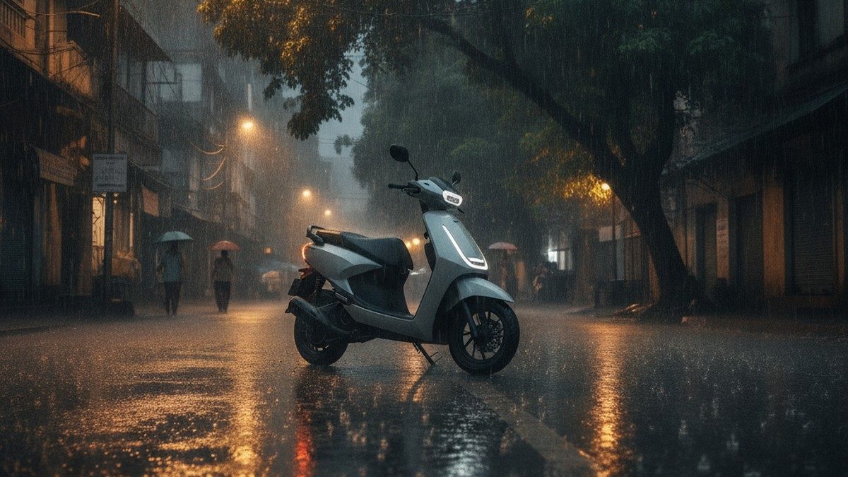 Modern electric scooter on a rain-soaked Indian city street during monsoon season