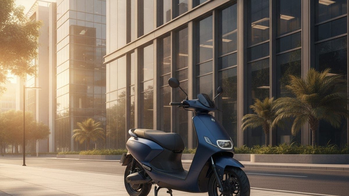 Electric scooter parked outside a modern office building in India for daily commute