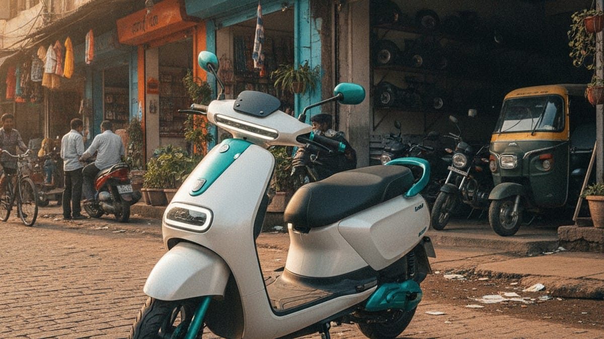 Electric scooter parked on a busy Indian street highlighting resale value considerations for EV buyers in India
