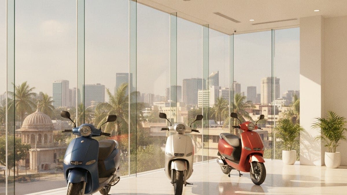 Multiple electric scooters displayed at a modern Indian showroom