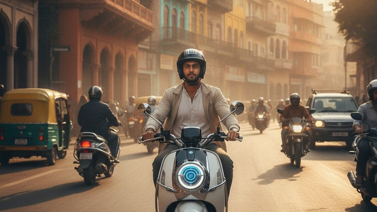 Indian commuter riding a modern electric scooter through city streets in India 2026