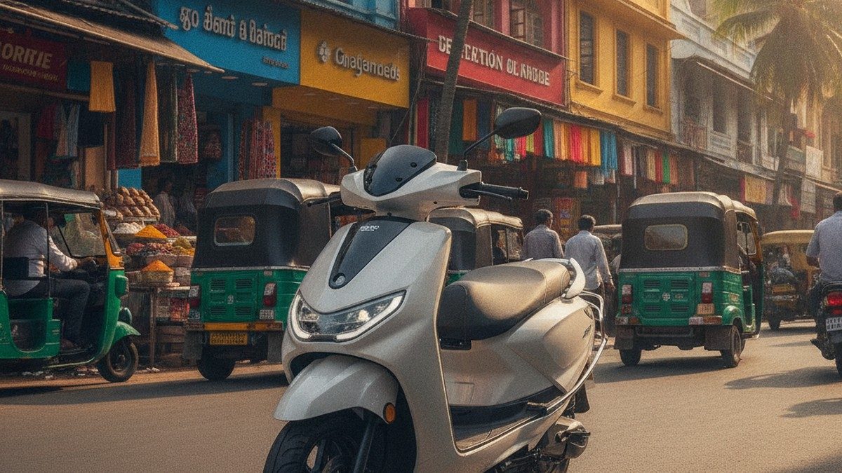Modern electric scooter parked on an Indian city street