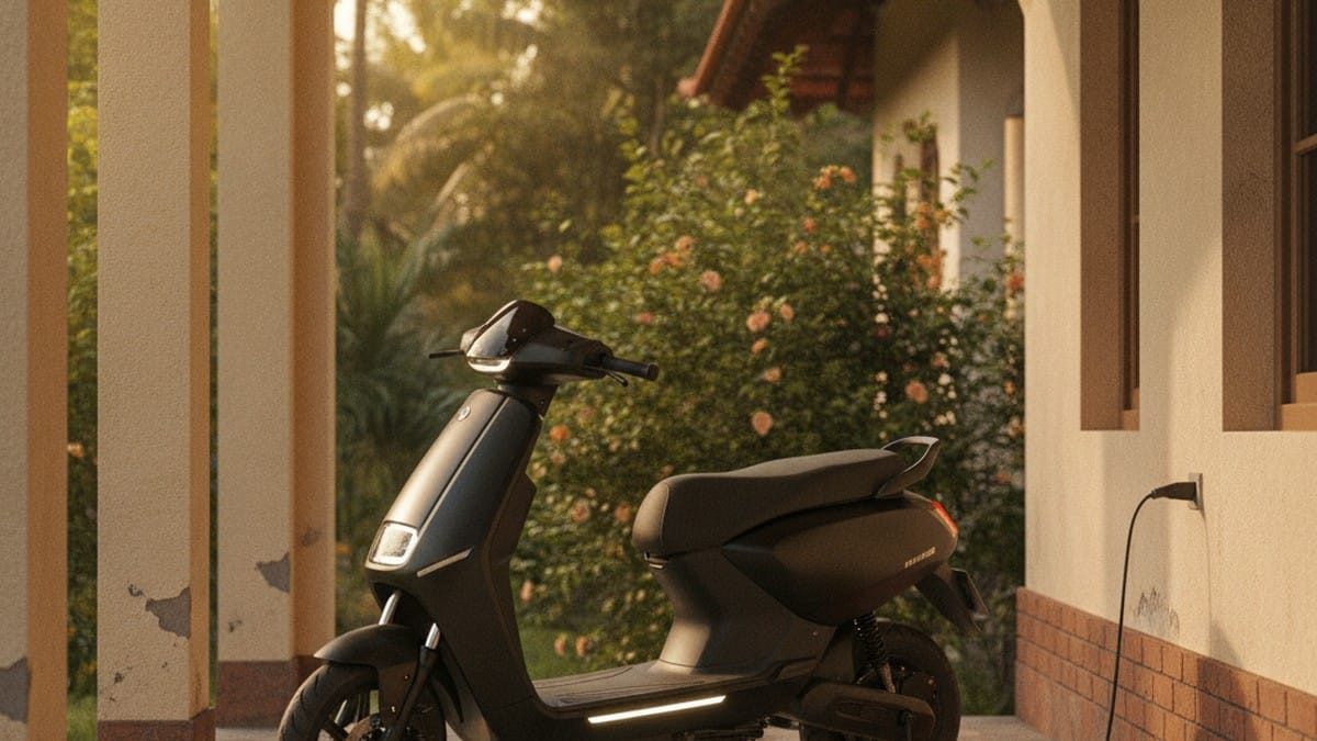 Modern electric scooter charging at an Indian home