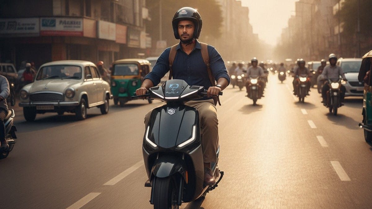 Indian professional commuting on an electric scooter through busy city traffic