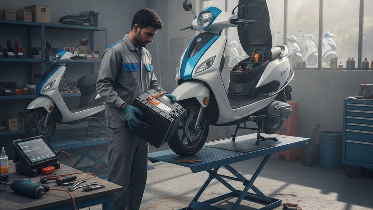 Technician holding a removed lithium-ion battery pack next to an electric scooter at an Indian service center