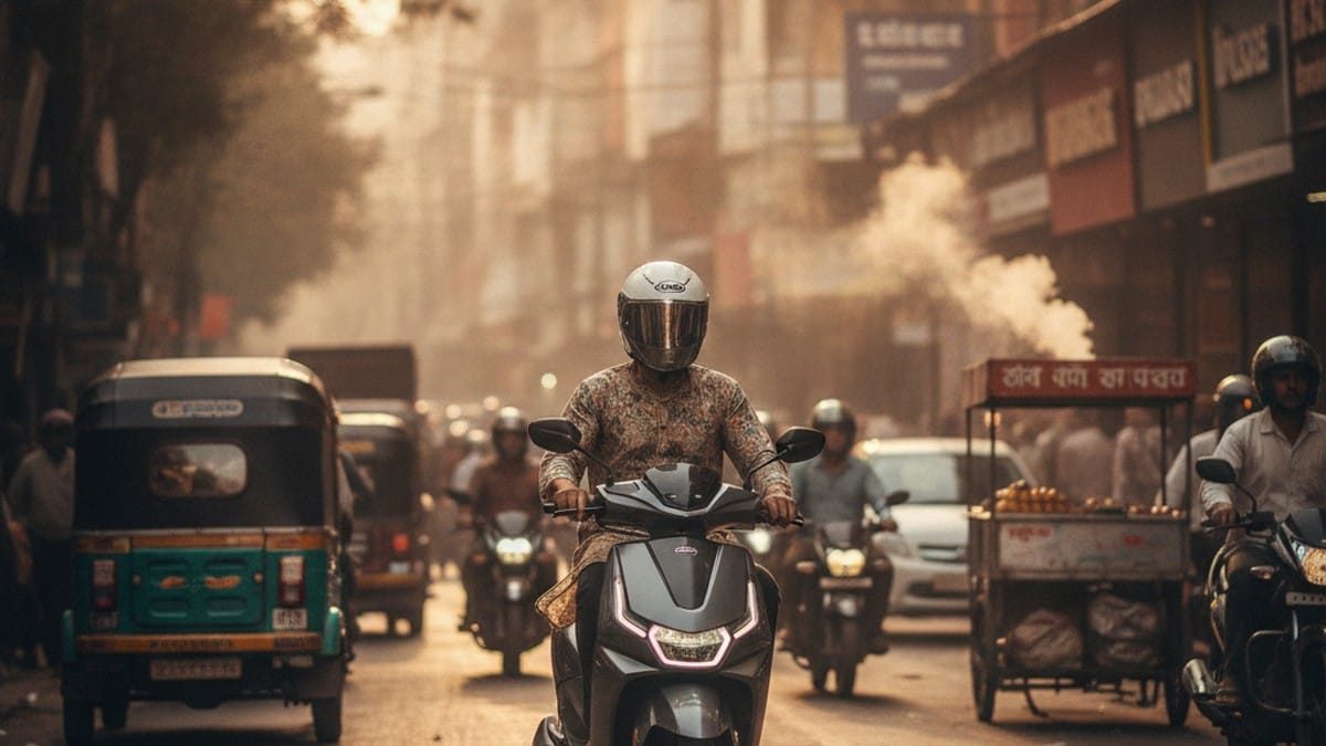 Electric scooter rider commuting on a busy Indian city road during morning rush hour