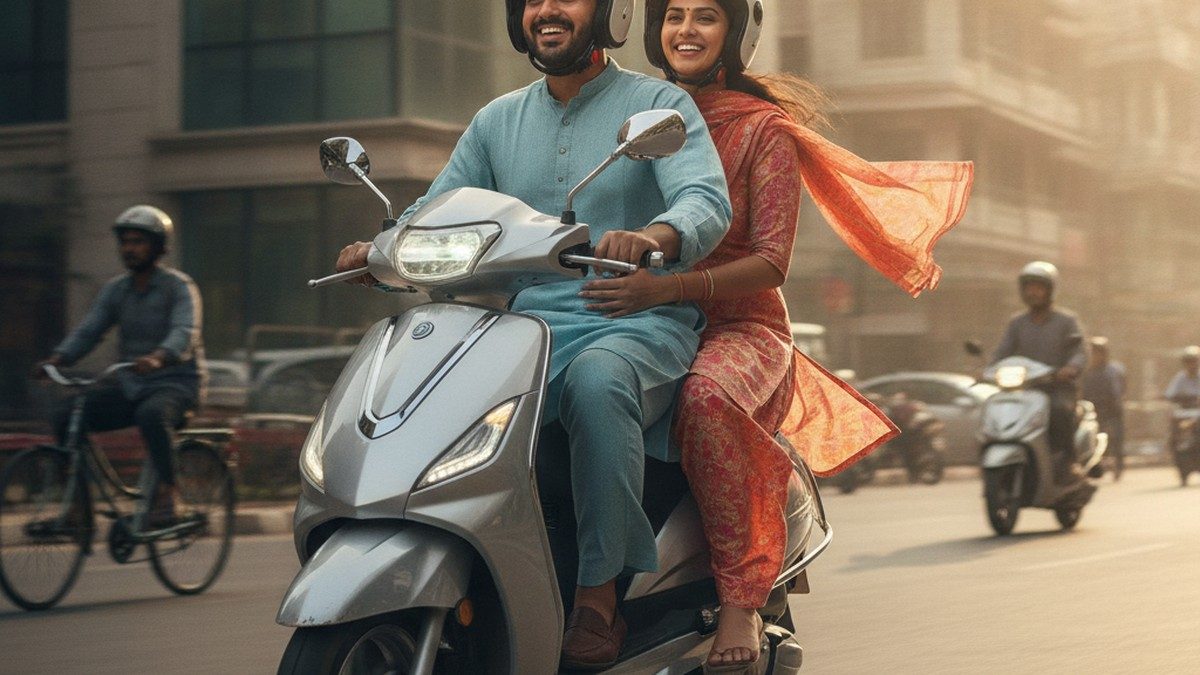 Indian family riding an electric scooter on a city street in India
