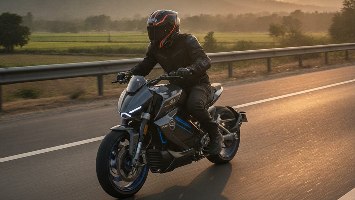 Indian rider on a modern electric motorcycle on a national highway at golden hour