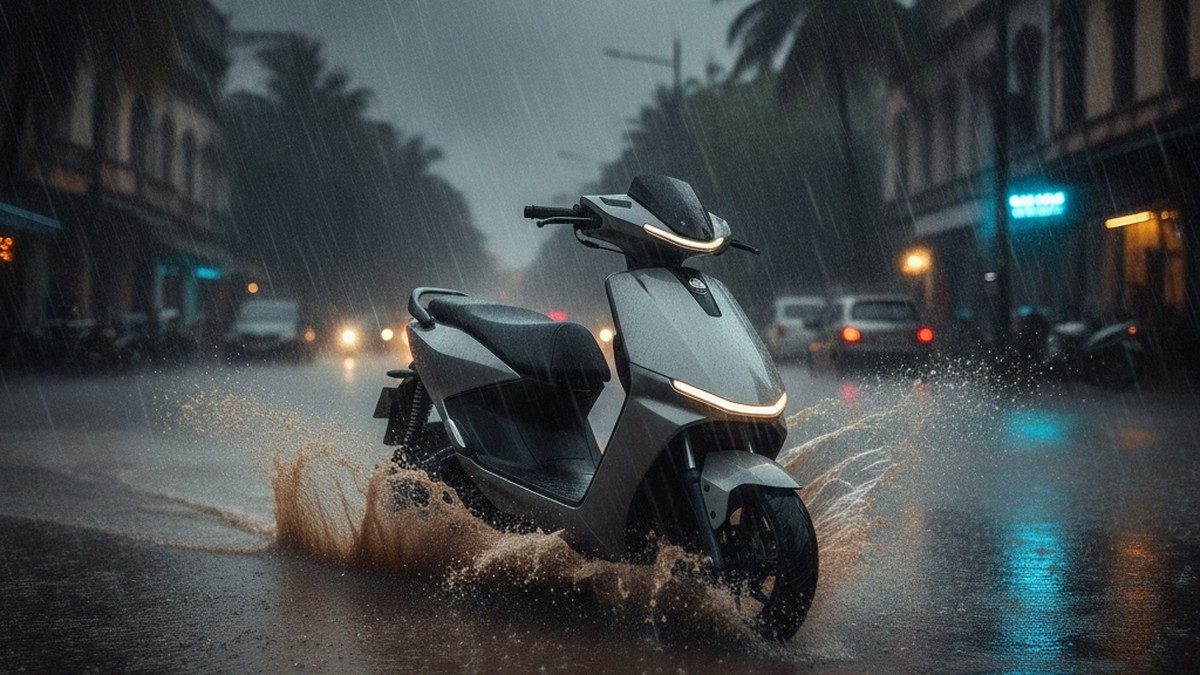 Electric scooter riding through monsoon rain on flooded Indian road