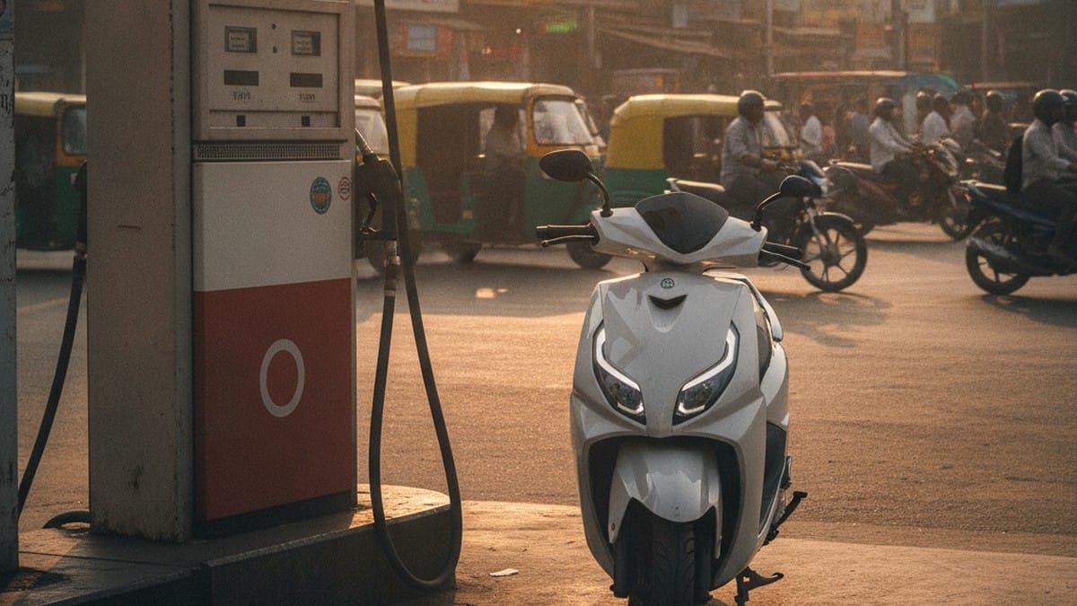 Modern electric scooter parked beside a petrol pump on a busy Indian city street at golden hour