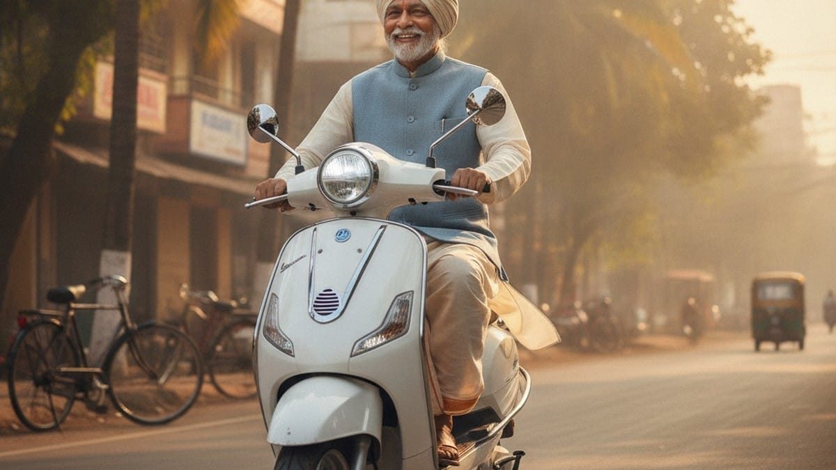 Senior Indian man riding an electric scooter independently in an Indian city