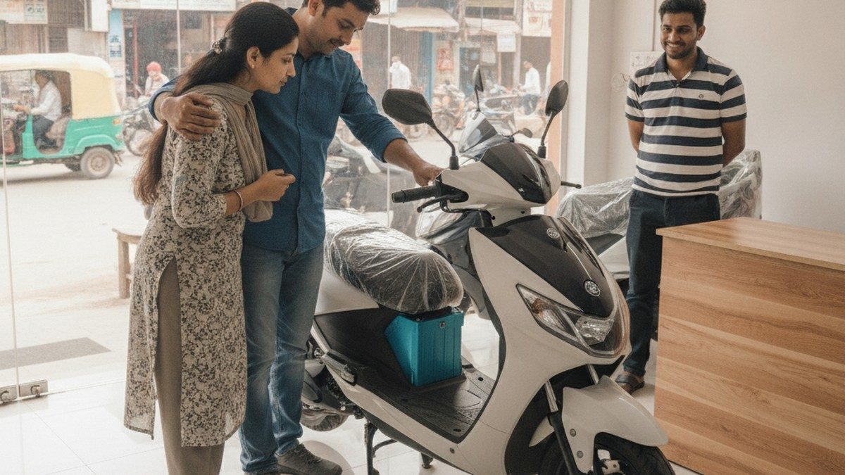 Indian couple examining an electric scooter at a local tier-2 city dealership