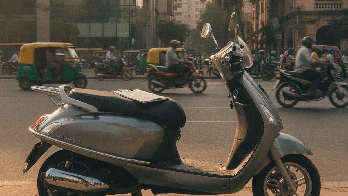 Electric scooter parked outside insurance office in India 2026
