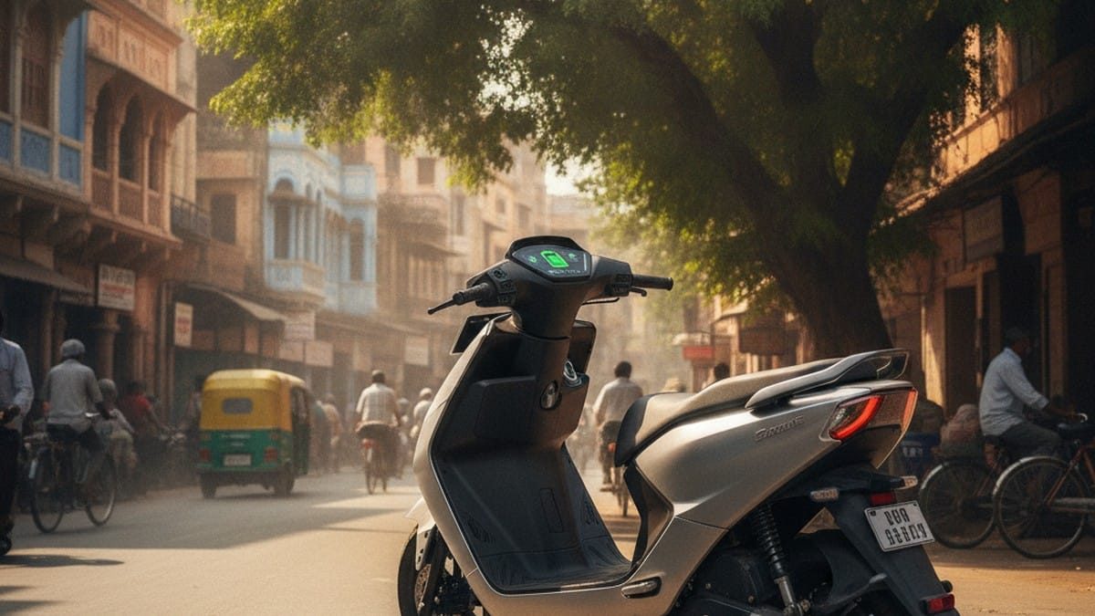 A modern electric scooter parked on a sunny Indian city street showing a healthy battery indicator on its dashboard
