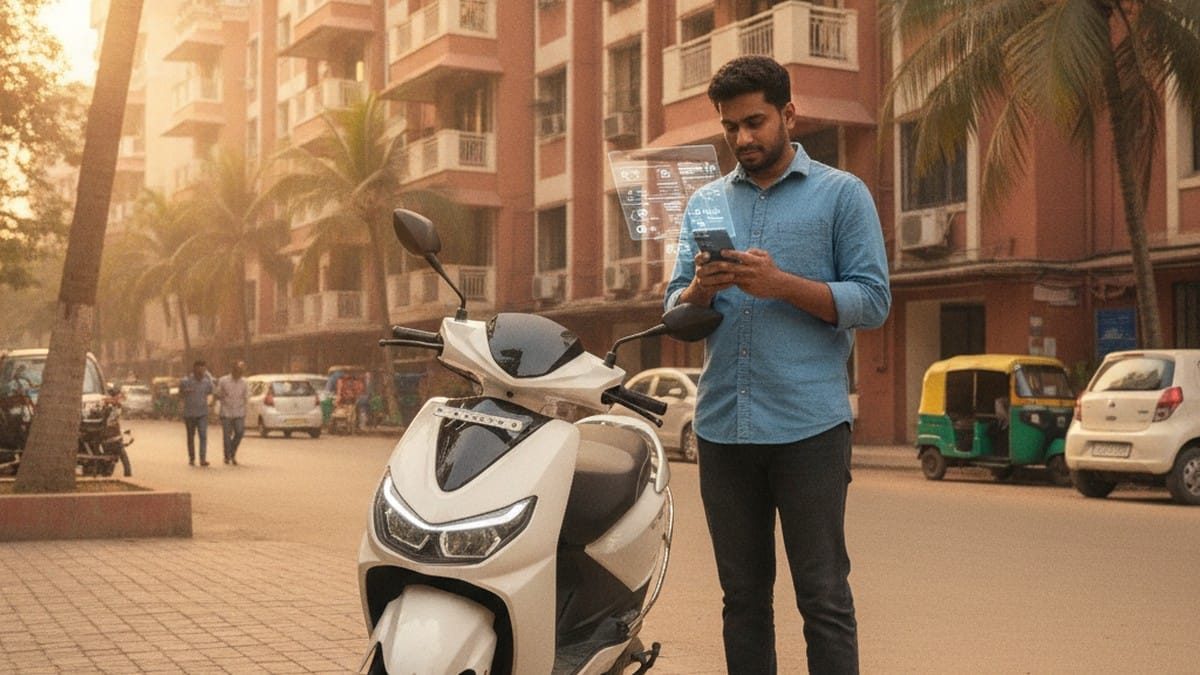 Young Indian man reviewing electric scooter insurance policy on smartphone next to his electric scooter
