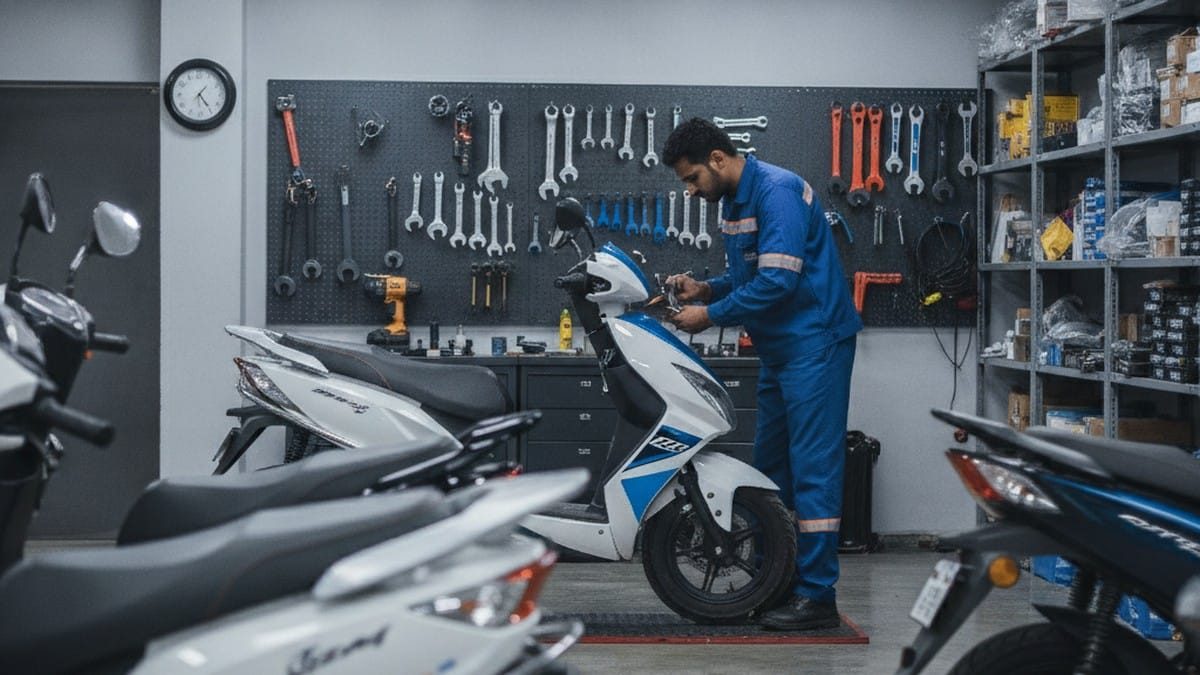 An Indian technician in a clean, well-lit electric scooter service center servicing a modern electric scooter, tools neatly organized, professional workshop environment