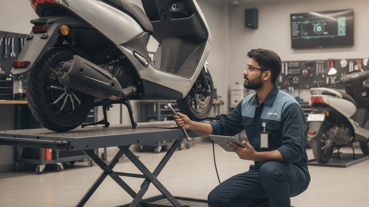 Professional EV technician servicing an electric scooter at an authorised service center in India