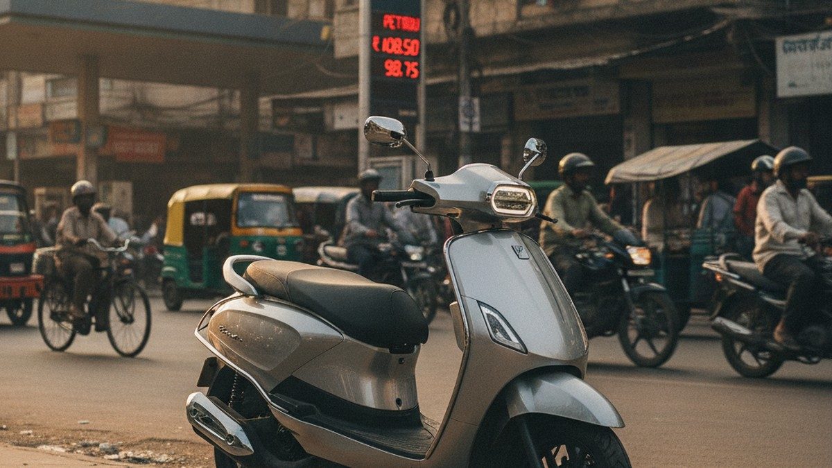 Electric scooter parked on Indian city street with petrol pump in background