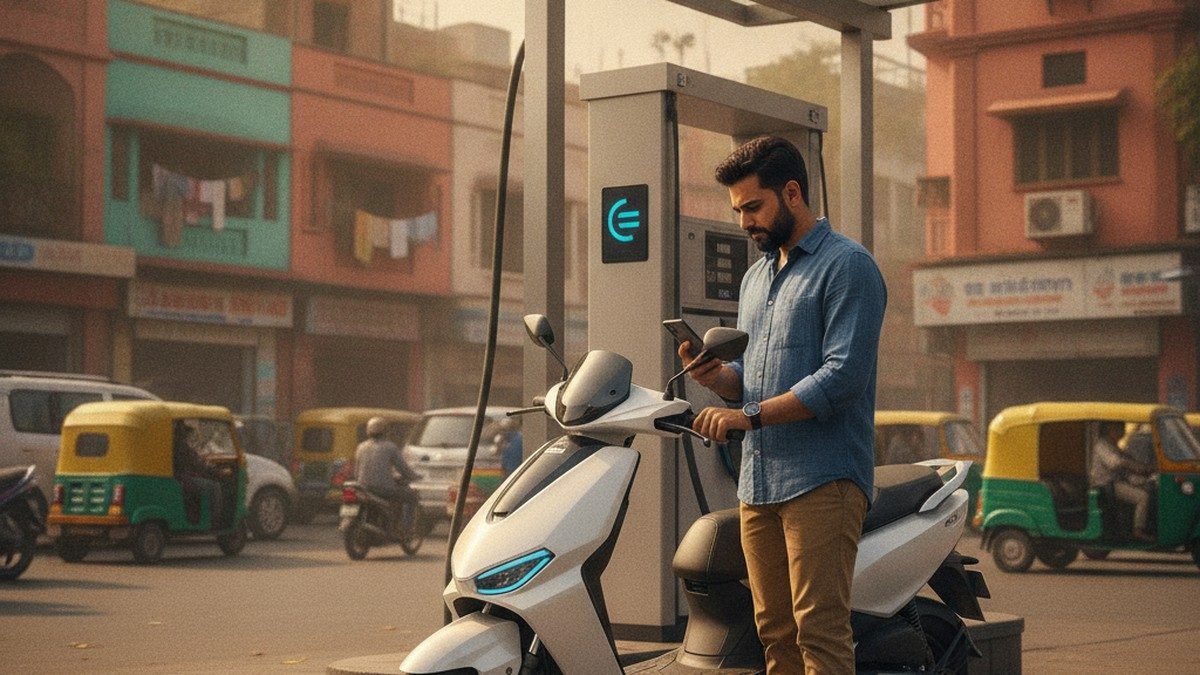 Indian man comparing costs between electric and petrol scooter at a petrol pump in India