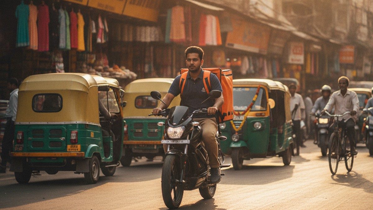 Delivery rider on an electric motorcycle on Indian city streets