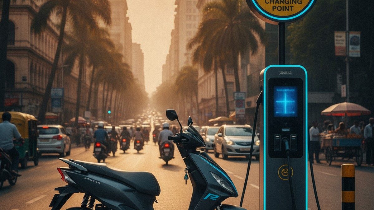 Electric scooter at a public EV charging station in India