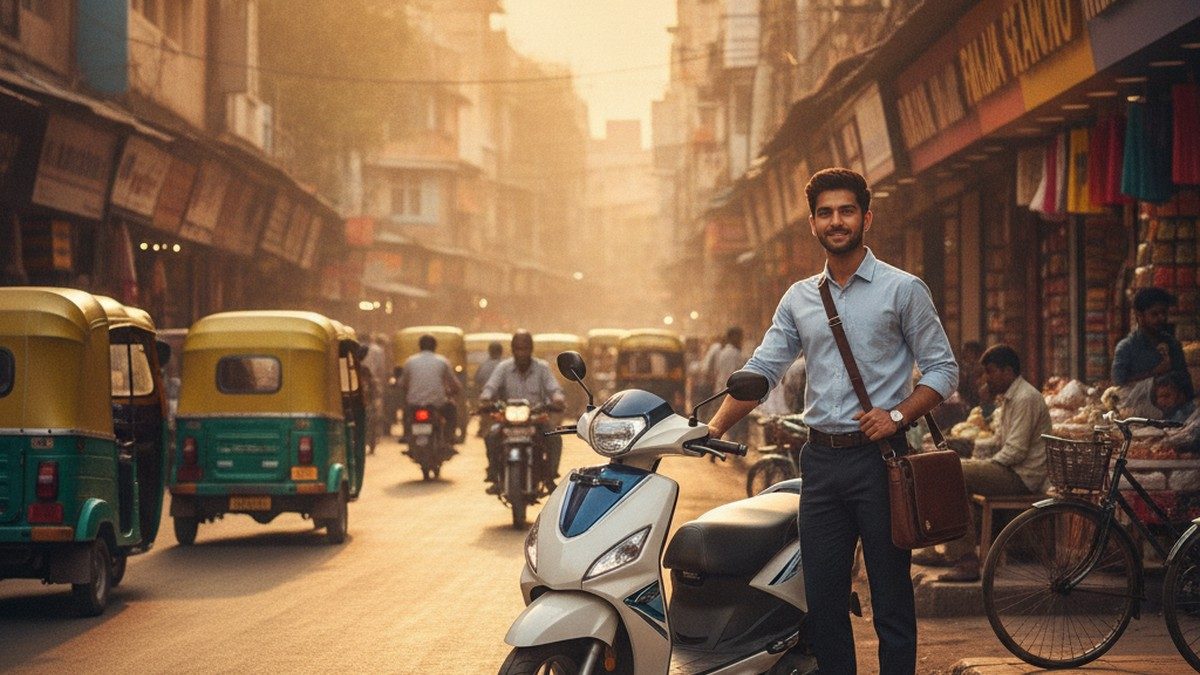 Electric scooter commuter on Indian city street – real cost comparison 2026