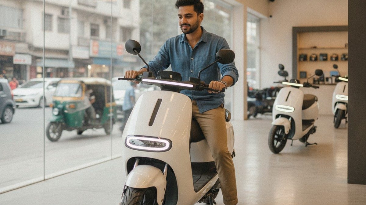 Young Indian buyer examining an electric scooter at a dealership showroom in India 2026